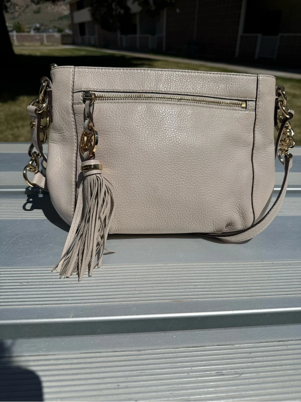 Michael Kors Pebbled Leather Crossbody in Light Taupe with Gold Hardware
